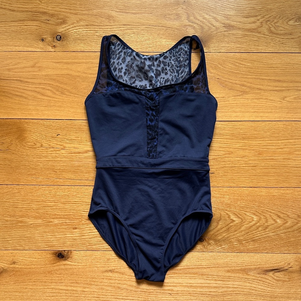Navy Blue Bloch Leotard with Leopard Print Mesh Detailing Size Large